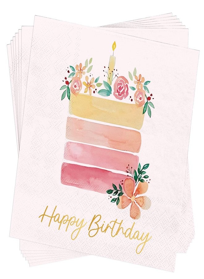 JarThenaAMCS 100Pcs Happy Birthday Cocktail Napkins Floral Birthday Cake Disposable Paper Napkins Light Pink Beverage Napkins for Women Birthday Party Supplies - Image 1